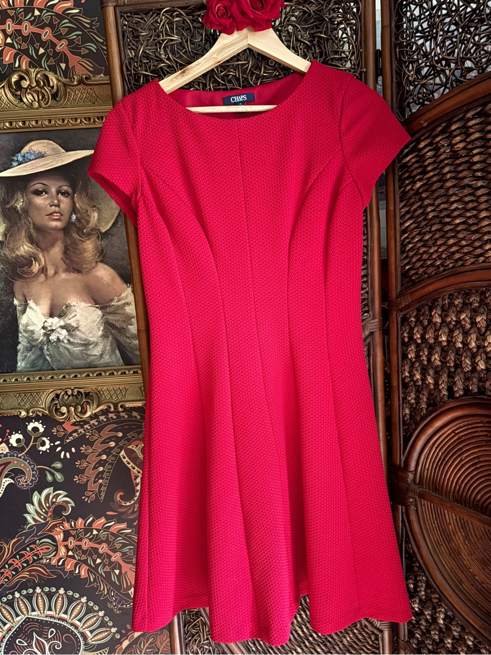 Chaps Red Textured Fit & Flare Dress Size 12 Cap Sleeve Classic Career Midi